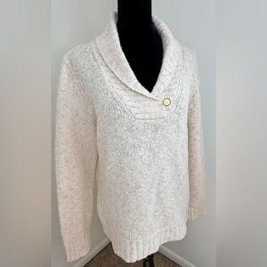 L.L Bean Cream Shawl Collar preppy fisherman sweater pullover wool blend med EUC